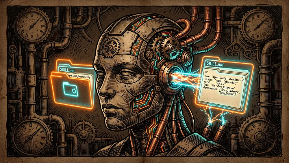 Carpeta de Agent Skills que contiene un archivo SKILL.md conectado mediante un puerto de fibra óptica luminoso a la cabeza de un agente de IA, iluminando sus vías neuronales.