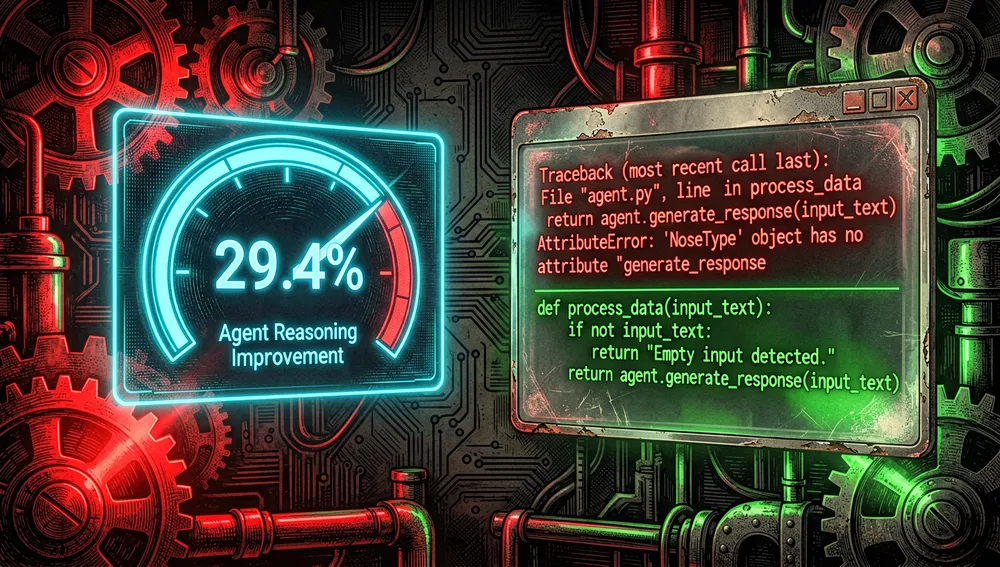 Panel de benchmark mostrando un indicador circular con una mejora del 29,4 % en razonamiento de agentes, junto a una terminal con un error de cadena Python multilínea siendo corregido por el Smart Solver.