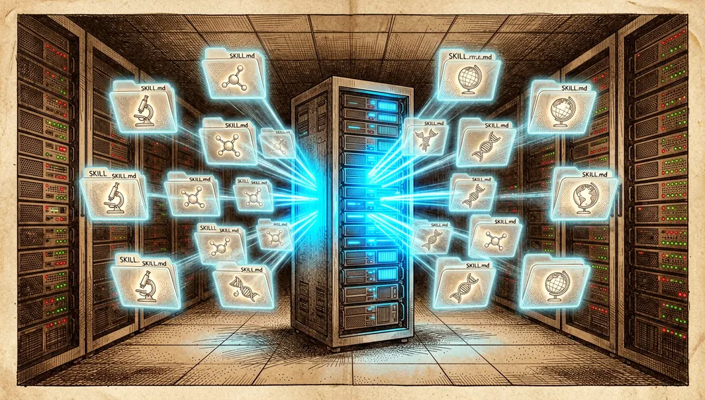 Sala de servidores futurista con una estantería central que irradia luz azul neón y proyecta 158 carpetas holográficas luminosas, cada una etiquetada SKILL.md con iconos de distintas disciplinas científicas.