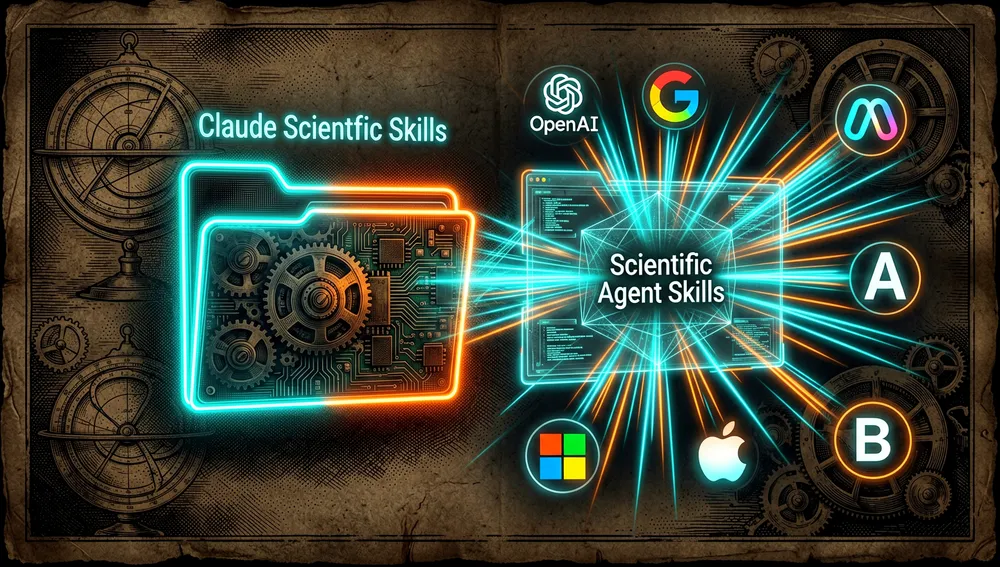 Ilustración conceptual de una carpeta luminosa llamada "Claude Scientific Skills" transformándose y expandiéndose en una interfaz holográfica más amplia llamada "Scientific Agent Skills", conectada a múltiples plataformas de IA.