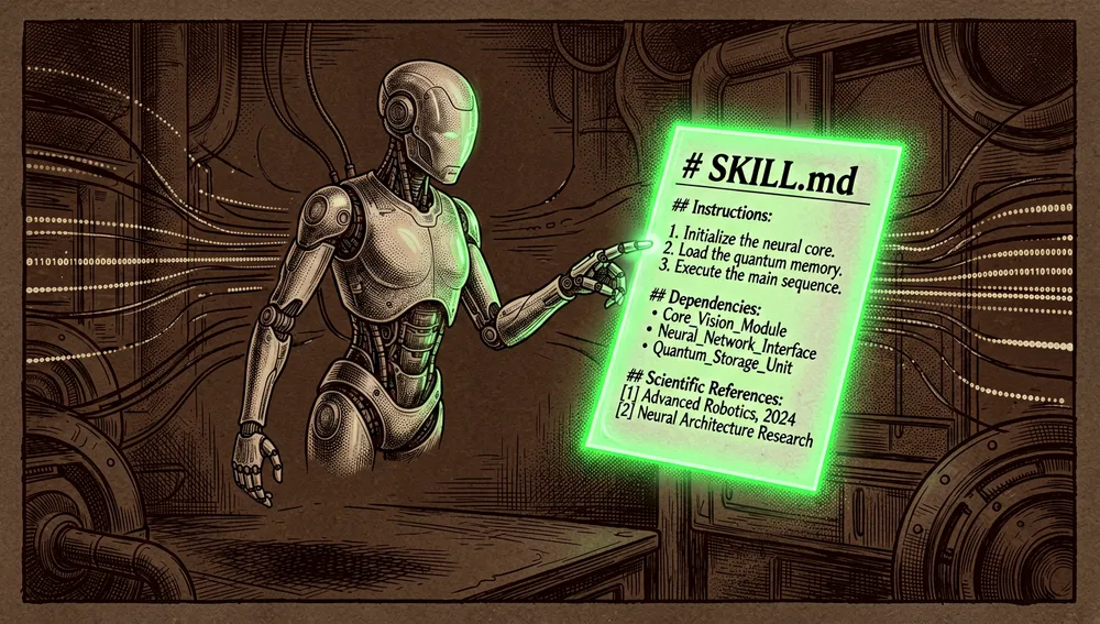 Ilustración de un agente de IA robótico y translúcido leyendo un archivo SKILL.md flotante que proyecta en verde neón instrucciones explícitas, dependencias y referencias científicas.