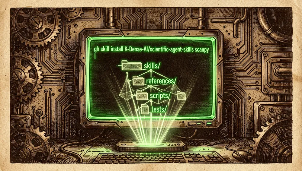 Terminal futurista en una habitación oscura mostrando el comando gh skill install K-Dense-AI/scientific-agent-skills scanpy en verde neón, con un árbol de directorios holográfico que muestra las carpetas skills/, references/, scripts/ y tests/.