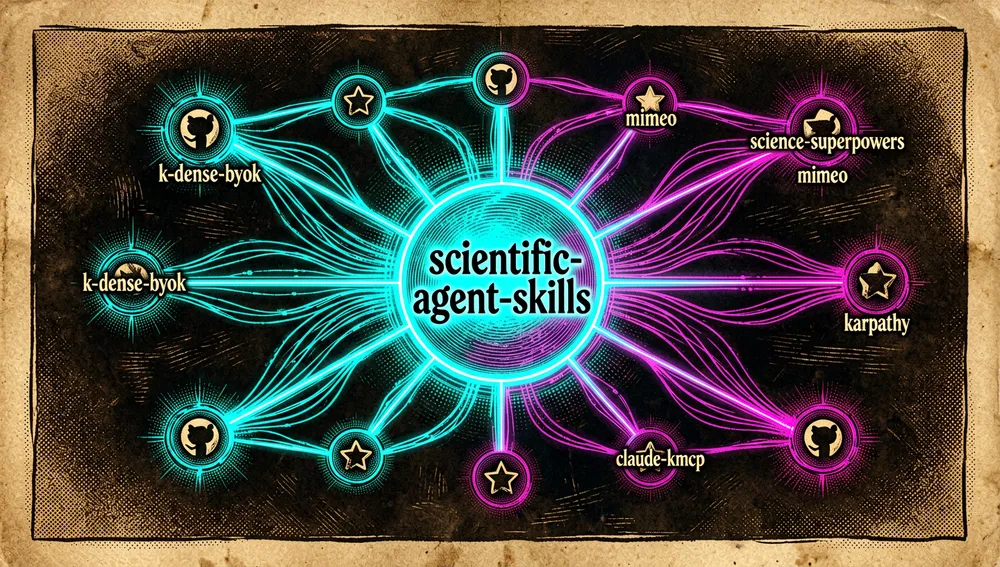 Mapa de red cyberpunk que representa el ecosistema de K-Dense AI: un nodo central luminoso llamado scientific-agent-skills conectado mediante haces de luz a nodos satélite como k-dense-byok, claude-skills-mcp, science-superpowers, mimeo y karpathy.