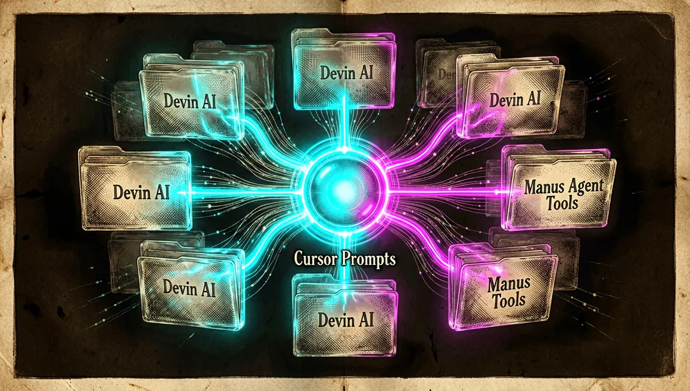 Árbol de directorios holográfico que se expande desde un nodo central, con carpetas de cristal translúcido etiquetadas "Cursor Prompts", "Devin AI" y "Manus Agent Tools" iluminadas en cian y magenta.