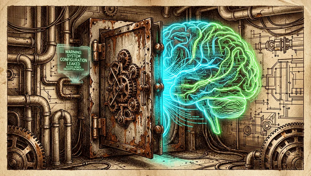 Puerta de una bóveda de alta tecnología entreabierta derramando código en verde y azul con forma de cerebros y rutas neuronales, representando configuraciones de IA "filtradas".