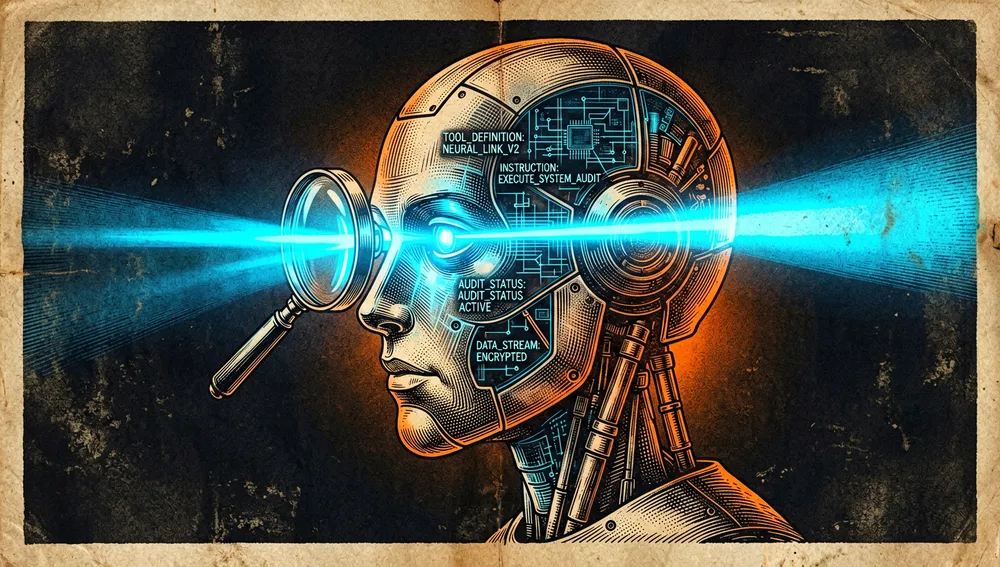 Cabeza robótica transparente con esquemas y planos digitales visibles a través de su carcasa, mientras una lupa proyecta un haz de luz que revela definiciones de herramientas ocultas, como metáfora de la auditoría y la transparencia.