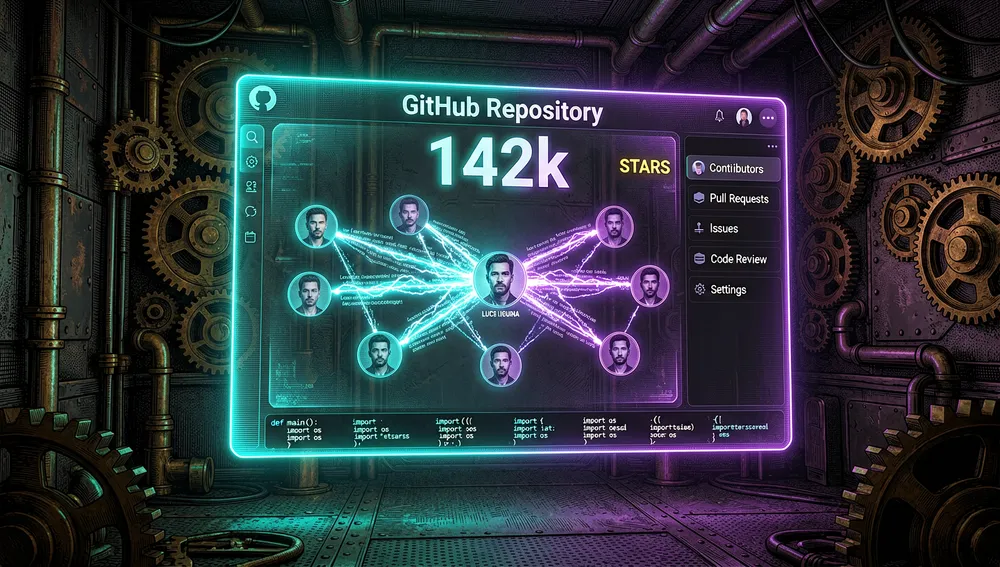 Panel de GitHub en 3D con la cifra de estrellas del repositorio y avatares de contribuidores conectados por líneas de código, entre ellos Lucas Valbuena.
