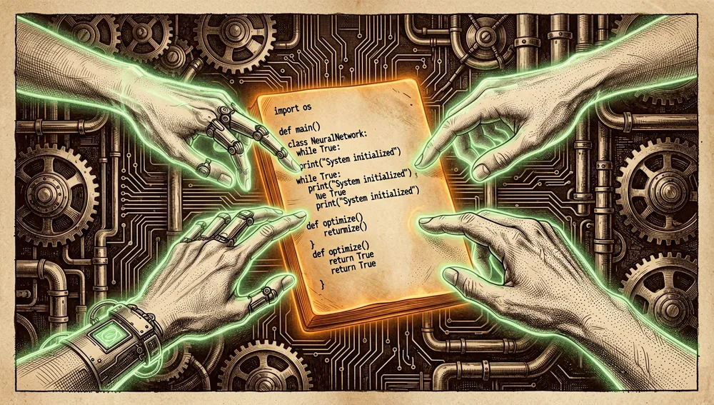 Manos translúcidas y fantasmales de distintos desarrolladores extendiéndose para editar un manuscrito digital brillante rodeado de terminales holográficas, como metáfora de la colaboración de código abierto.