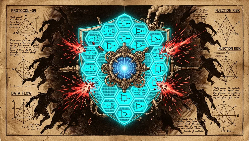Escudo digital brillante hecho de bloques de código hexagonales que protege un núcleo central de datos de IA, con formas oscuras de intentos de extracción e inyección rebotando contra la barrera.