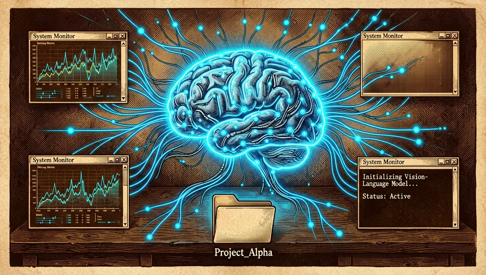 Ilustración de un agente de IA interpretando un escritorio de ordenador mediante una red neuronal que analiza iconos, ventanas y texto en pantalla.