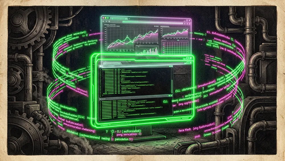 Centro de mando futurista de Agent TARS con una terminal flotando sobre un navegador holográfico, símbolos de comandos y gráficos orbitando alrededor de la interfaz combinada de CLI, navegador y MCP.