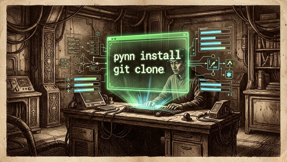 Terminal de un espacio de trabajo de desarrollador ejecutando los comandos pnpm install y git clone, con elementos holográficos de pruebas y compilación flotando alrededor.