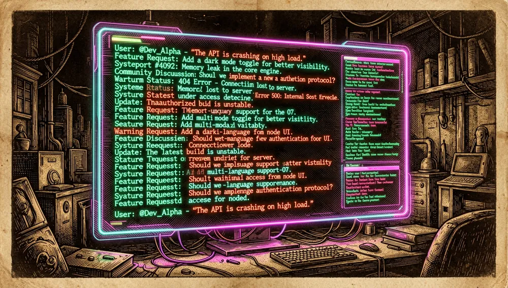 Pantalla holográfica de recepción comunitaria mostrando flujos de comentarios de foros, informes de errores y solicitudes de funciones, con algunas líneas de código parpadeando con advertencias de error.
