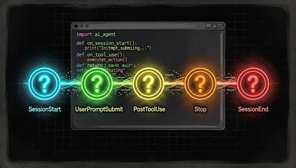 Five neon nodes representing the lifecycle hooks SessionStart, UserPromptSubmit, PostToolUse, Stop, and SessionEnd, connected by glowing streams of data.