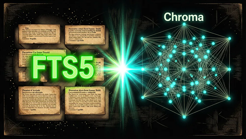 Hybrid search visualization: FTS5 text blocks merging with a Chroma vector space into a single stream of results.