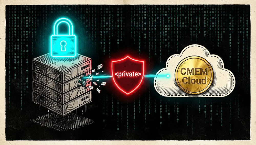 Local SQLite vault protected by a padlock, with a <private> tag blocking data fragments in front of a CMEM Cloud icon.