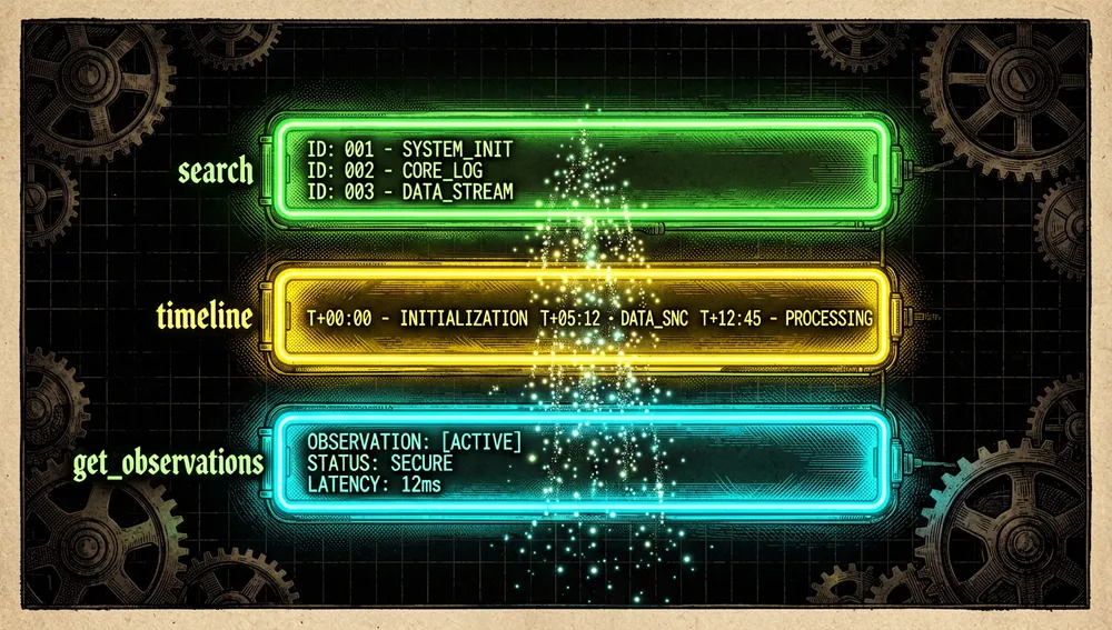 Three-layer retrieval system: stacked neon bars for the MCP tools search, timeline, and get_observations, with data flowing between them.