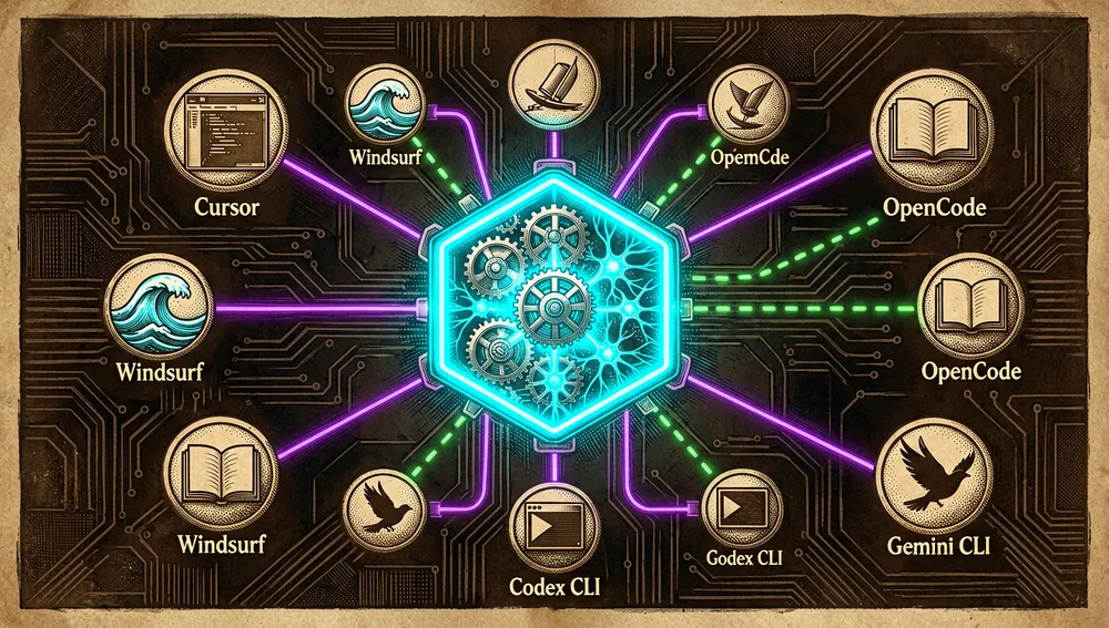 Ecosystem map with Claude-Mem as the central hexagonal core, connected by neon lines to nodes for Cursor, Windsurf, OpenCode, and other clients.