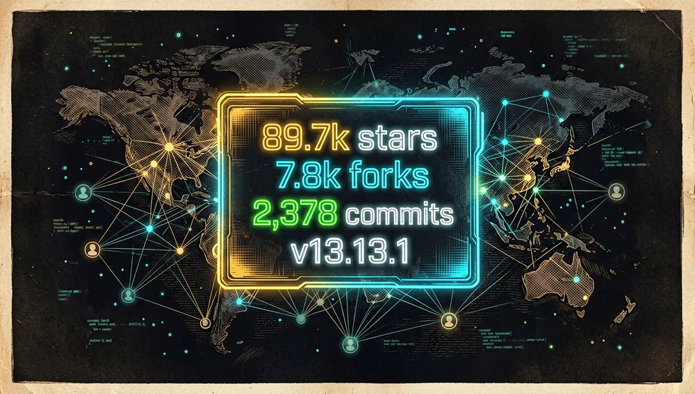 GitHub dashboard with neon metrics: 89.7k stars, 7.8k forks, and version v13.13.1, over a graph of contributors and branches.