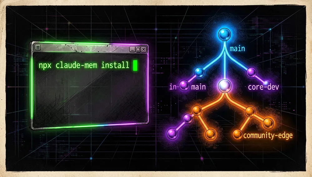 Terminal running the install command npx claude-mem install next to a Git branch diagram showing main, core-dev, and community-edge.