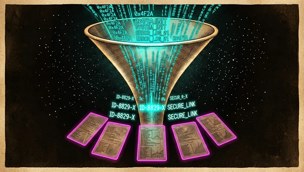 Progressive-disclosure funnel: a massive stream of raw data narrows into a compact index, and only the selected identifiers expand into full detail, representing a tenfold data reduction.