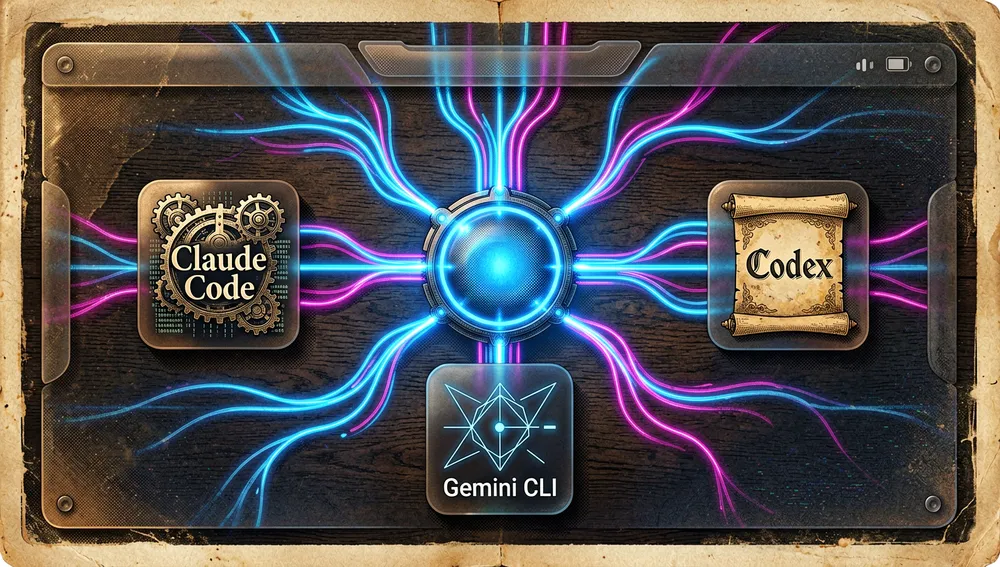 Desktop panel with Claude Code, Codex, and Gemini CLI icons connected to a central hub