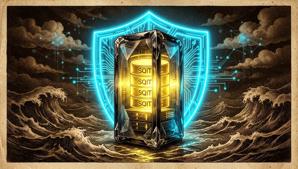 Neon "Local First" shield protecting a server with a golden SQLite database, isolated from the cloud