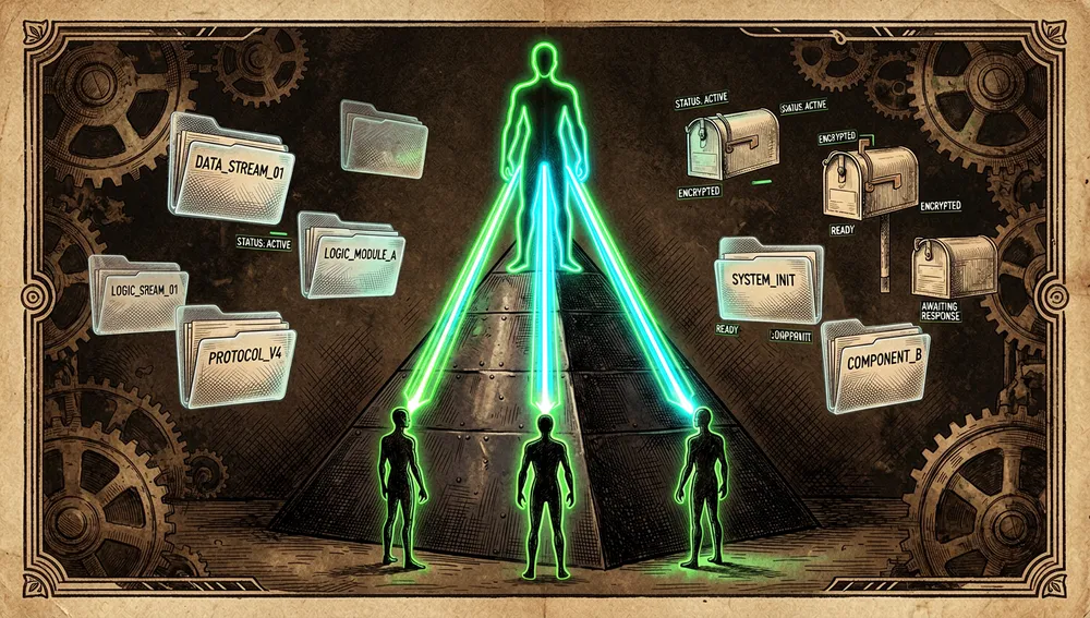 Pyramid with a Leader agent delegating glowing tasks down to three Companion agents at the base