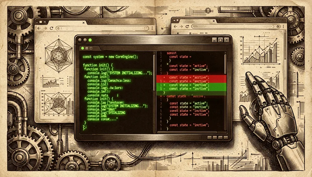 Window with a code preview in neon green on the left and a red-and-green diff view on the right