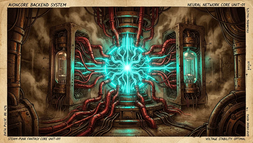 AionCore backend depicted as rust-colored pipes powering a large Electron-style structure