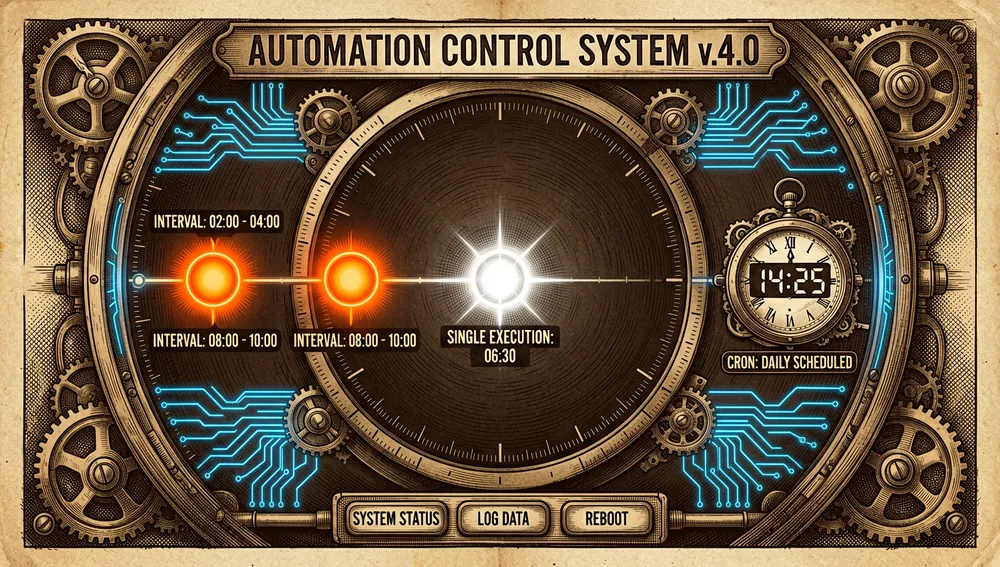 Automation timeline with glowing nodes representing cron, interval, and single-run triggers