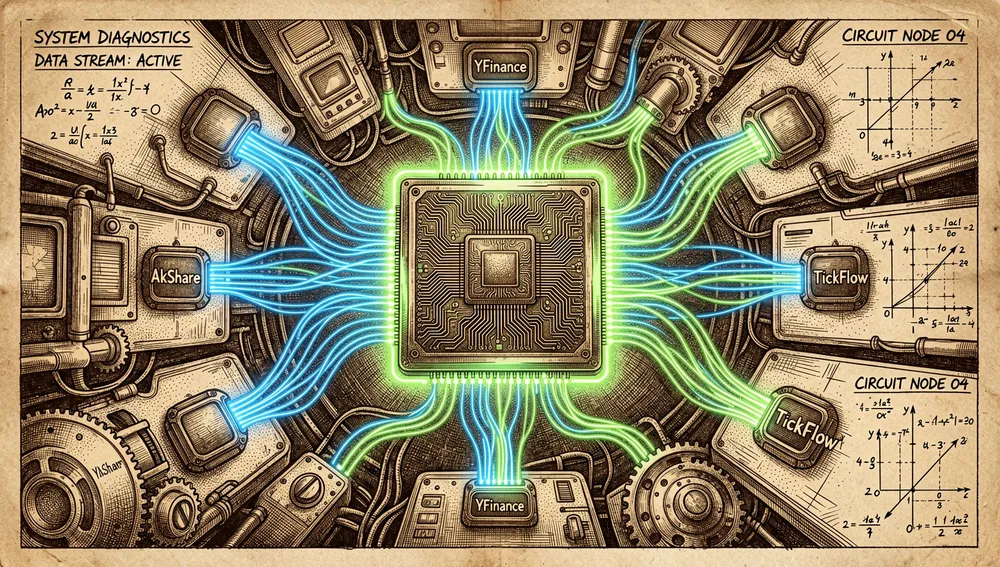Data-source nodes such as AkShare, YFinance, and TickFlow feeding into a central processing unit.