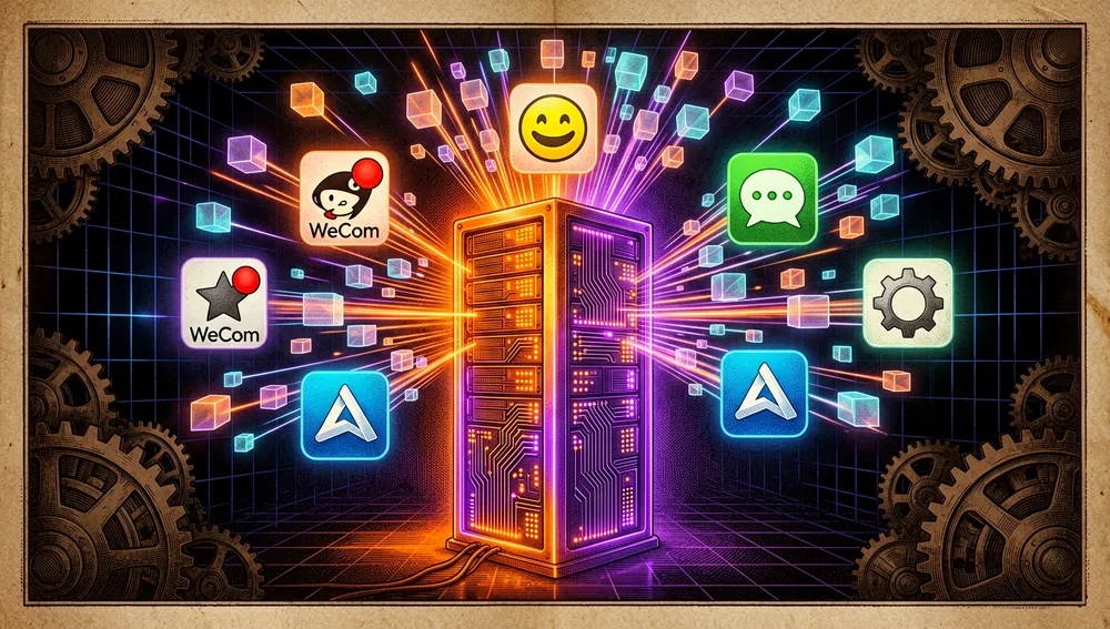 Depiction of automated message distribution from a central server to icons of WeCom, Feishu, Telegram, Discord, and Slack.