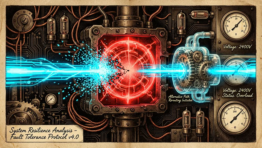 Depiction of a digital circuit breaker rerouting a data stream to an alternative path when a source fails.