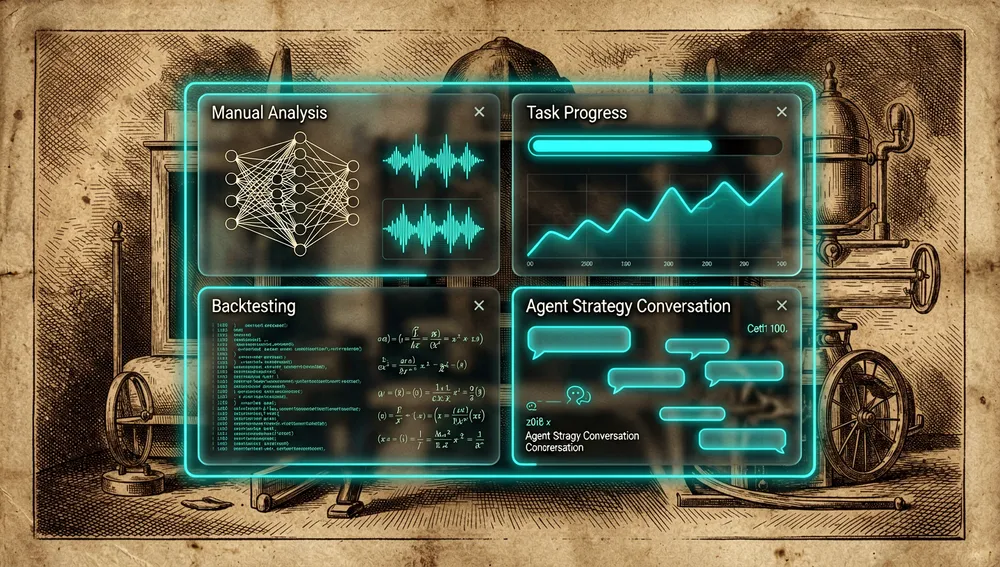 Panels of a dark-mode Web and desktop interface showing manual analysis, task progress, backtesting, and a strategic agent conversation.
