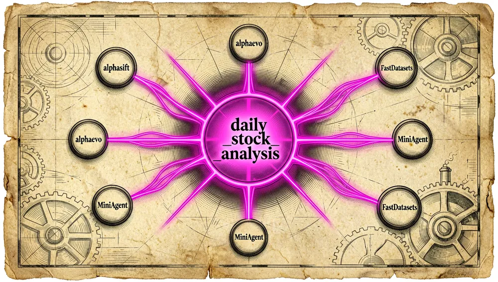 Map of a digital ecosystem with daily_stock_analysis as the central node connected to alphasift, alphaevo, MiniAgent, and FastDatasets.