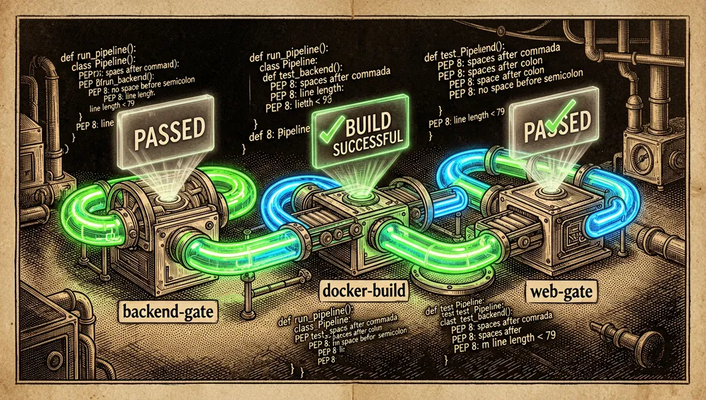 Continuous-integration pipeline with the backend-gate, docker-build, and web-gate stages showing automated checks.