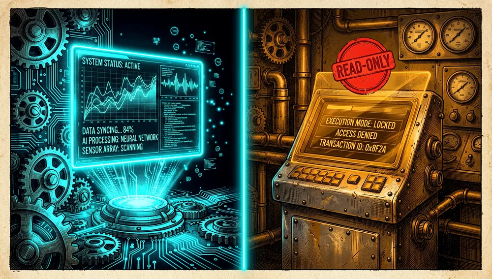 Barrier separating automated data gathering and analysis on the left from a locked, read-only trading terminal on the right.