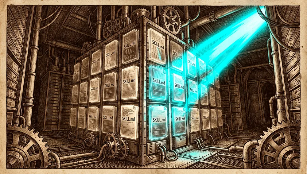 Torre de servidor cyberpunk con miles de archivos SKILL.md holográficos, iluminada por un foco de búsqueda local que escanea el catálogo sin cargarlo entero.