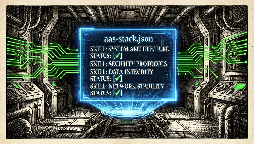 Plano holográfico inmutable con listas de habilidades seleccionadas y marcas de validación, representando el manifiesto aas-stack.json.