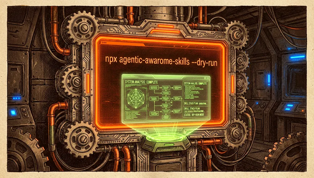 Terminal cyberpunk mostrando el comando npx agentic-awesome-skills --dry-run con proyecciones holográficas de texto que muestran una vista previa del plan de habilidades sin modificar el sistema.