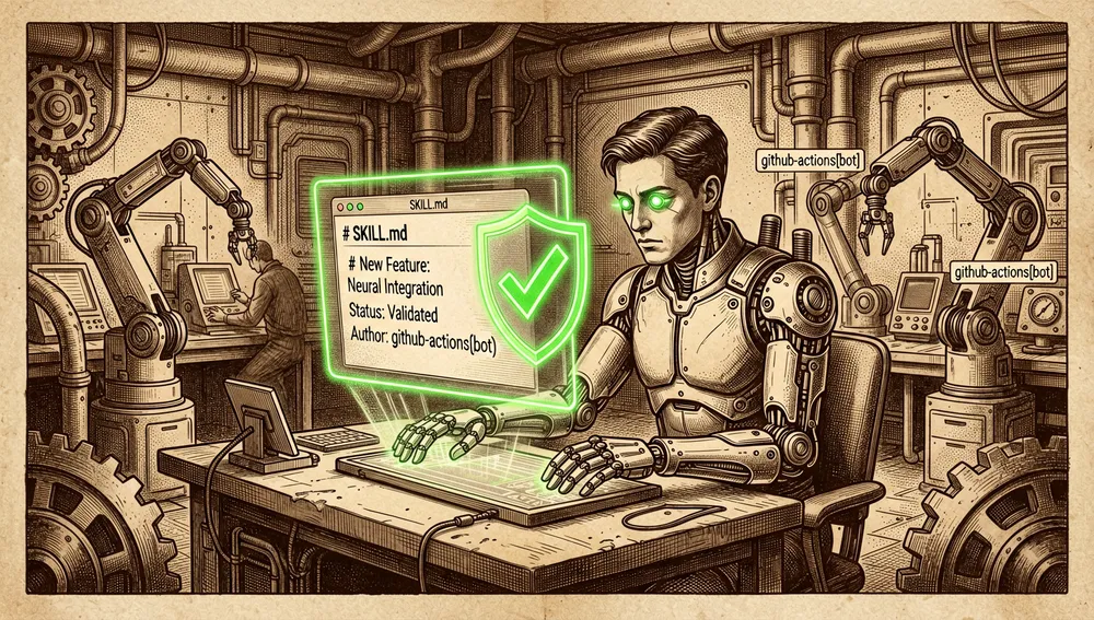 Contribuidor cibernético forjando un nuevo archivo SKILL.md sobre un yunque de código, con brazos robóticos de github-actions[bot] asistiendo y un escudo de validación con una marca de verificación alrededor.