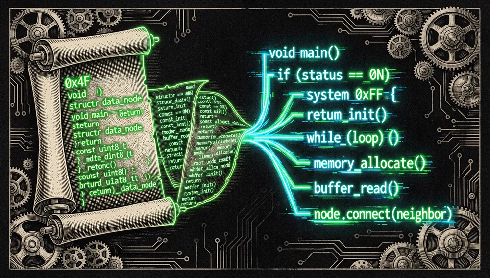 Representación conceptual de "estructura antes que fragmentación artificial": un rollo continuo de texto digital luminoso se pliega de forma orgánica en una jerarquía de árbol con contornos de neón, en lugar de fragmentarse arbitrariamente.