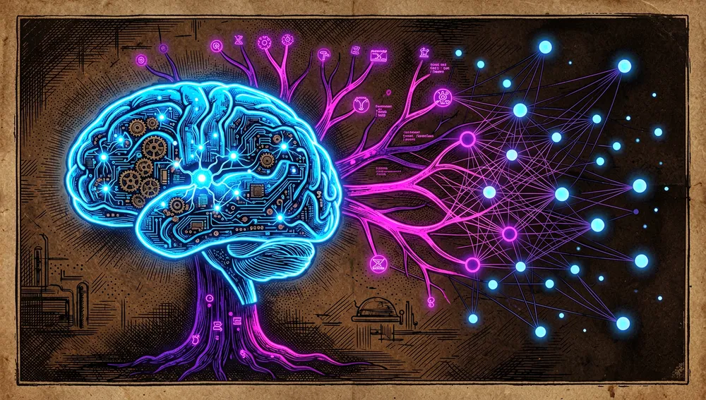 Ilustración conceptual de "razonamiento antes que similitud": a la izquierda, un cerebro de IA luminoso recorre un índice en árbol de neón; a la derecha, una nube de puntos vectoriales dispersos y conectados por líneas caóticas se desvanece en la oscuridad.