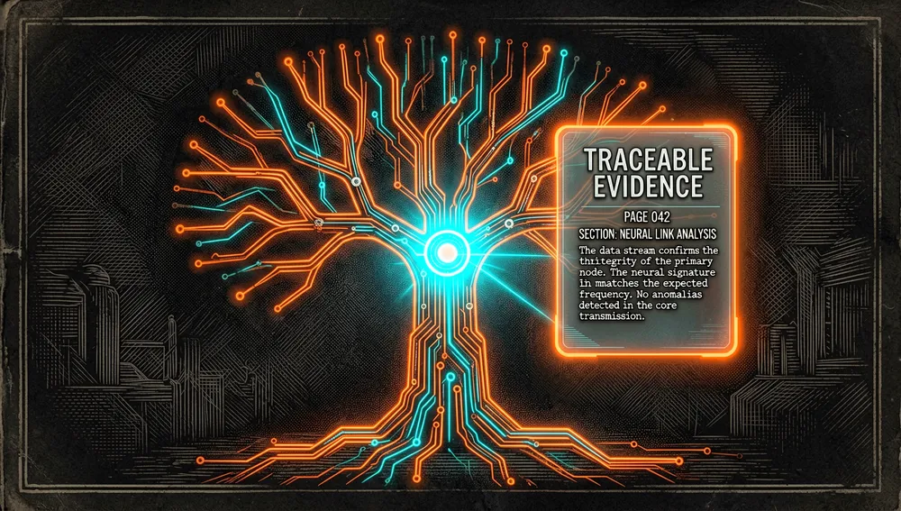 Primer plano de un nodo luminoso del árbol de PageIndex que proyecta una tarjeta holográfica con número de página, título de sección y un breve resumen, como representación de la evidencia trazable.