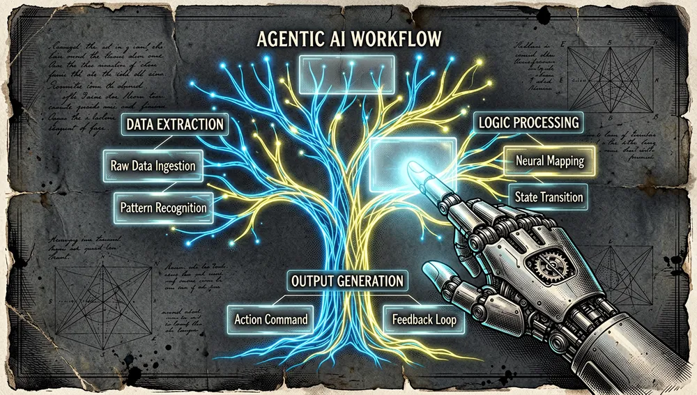 Representación de un flujo de trabajo agéntico sin base de datos vectorial: una mano robótica luminosa señala las ramas de un árbol de contenidos holográfico y extrae paneles de página que brillan.