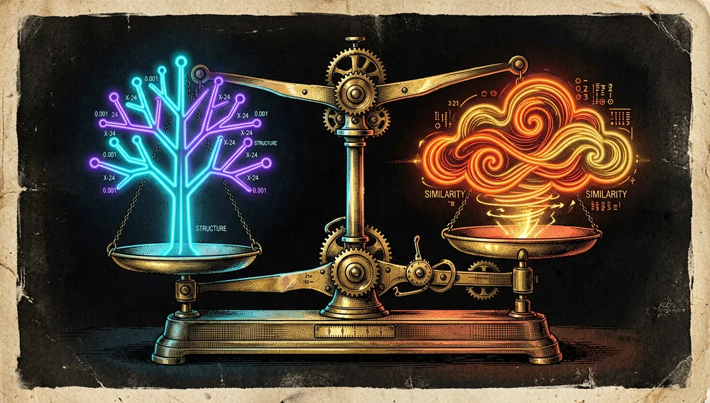 Balanza digital que compara un árbol jerárquico luminoso, que representa precisión y estructura, con una nube vectorial veloz, que representa velocidad y similitud; la balanza se inclina ligeramente hacia el árbol.