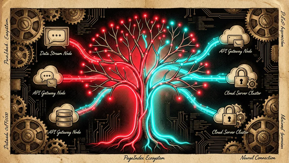 Representación abstracta del ecosistema de PageIndex: un árbol central luminoso conectado mediante flujos de datos a iconos de chat, servidores en la nube y puertas de enlace API, como referencia a la integración MCP.