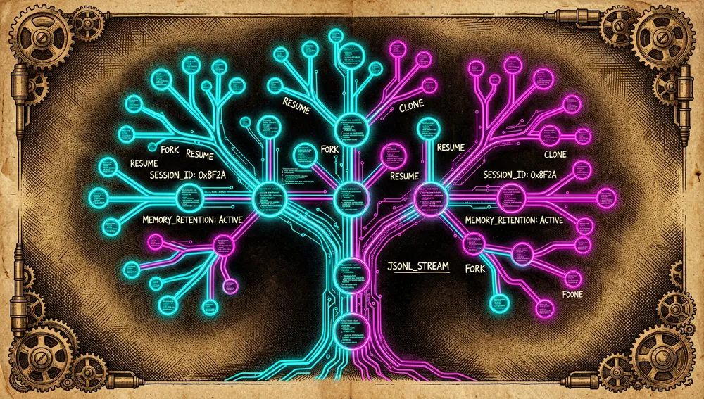 Árbol de conversación ramificándose en un vacío oscuro, con nodos brillantes que representan sesiones JSONL que se pueden bifurcar y clonar.