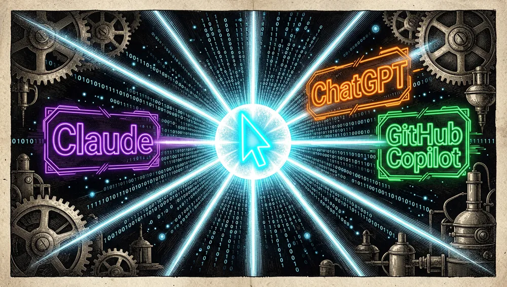 Cursor de terminal brillante emitiendo haces de luz hacia logotipos holográficos de Claude, ChatGPT y GitHub Copilot.